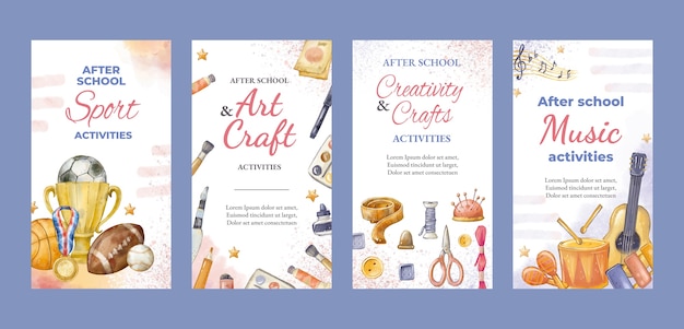 Vector watercolor after school activities instagram stories collection