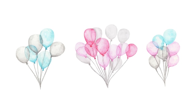 Vector watercolor air balloons. pack of party pink, blue, white balloons. greeting decor.