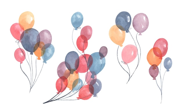 Watercolor air balloons Pack of party red blue purple and yellow balloons Greeting decor