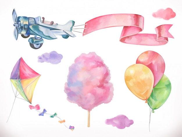 Watercolor air. kite, airplane, cotton candy and clouds, balloons.   set