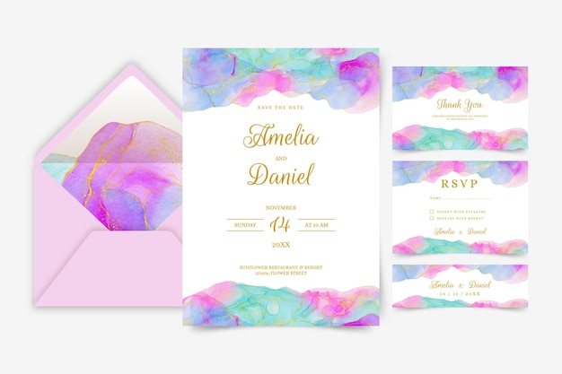 Vector watercolor alcohol ink wedding stationery collection