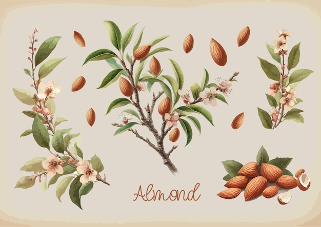 Watercolor almond vintage retro poster design Vector almond illustration fruits theme