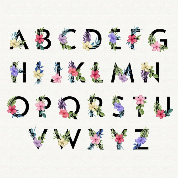 Vector watercolor alphabet with flowers