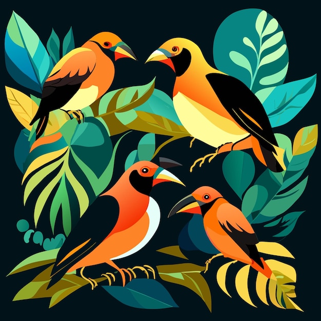 Watercolor Amazon Birds Vector Icon Illustration Set