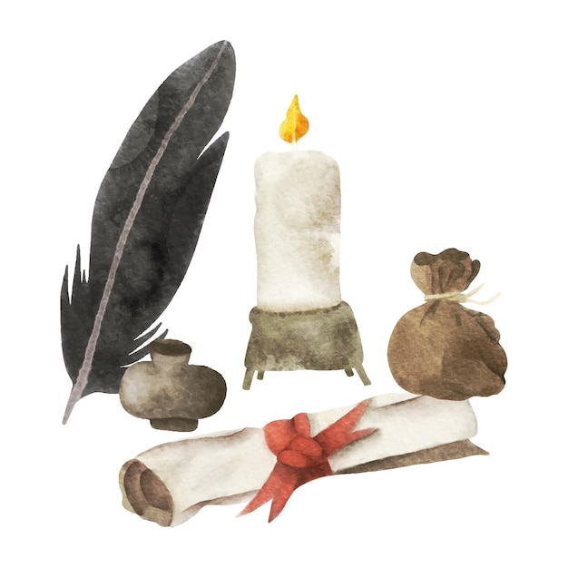 Vector watercolor ancient writers elements with feather ink scroll and candle