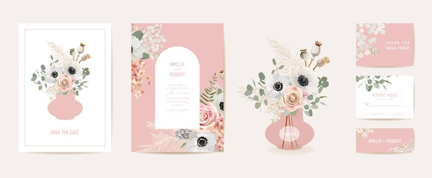 Anemone dell'acquerello, erba di pampa, carta di nozze floreale rosa. invito di fiori estivi di vettore. cornice modello boho. copertura fogliame botanica save the date, poster dal design moderno