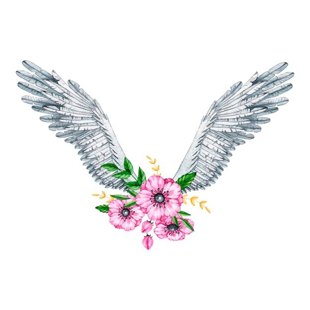 Vector watercolor angel wings with flowers