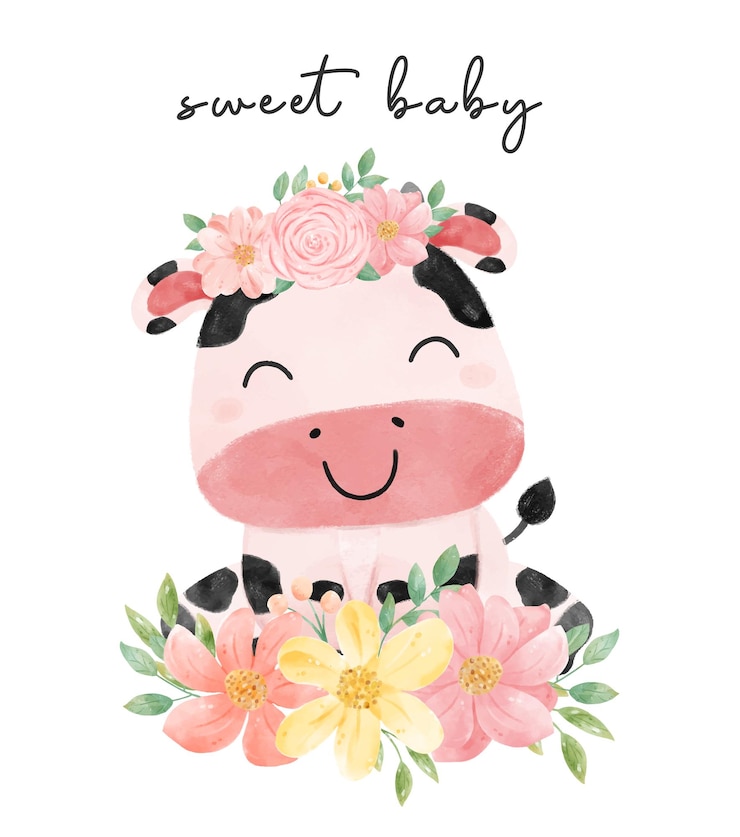 Vector watercolor animal baby cow sitting with floral bouquet sweet nursery art illustration vector