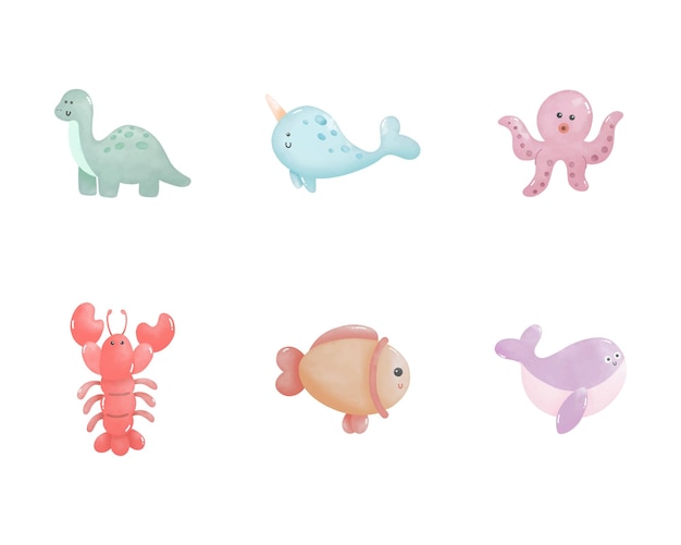 Watercolor animals set. Dinosaur, Whale, Squid, Lobster, Fish. Digital paint.