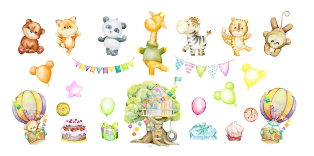 Watercolor animals, tree house, balloon, gifts, garlands. Watercolor set