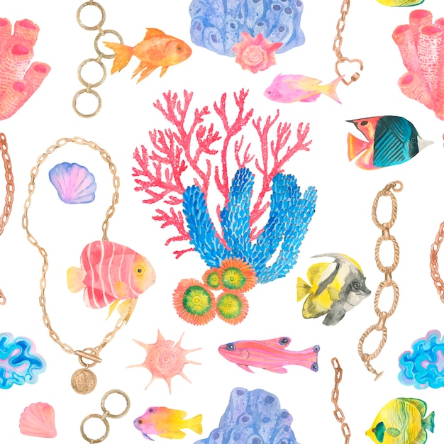 Watercolor aquarium seamless patterns Under sea animals Aquarelle art