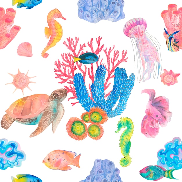 Watercolor aquarium seamless patterns Under sea animals Aquarelle art