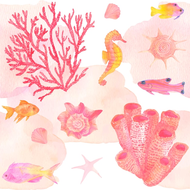 Watercolor aquarium seamless patterns Under sea animals Aquarelle art