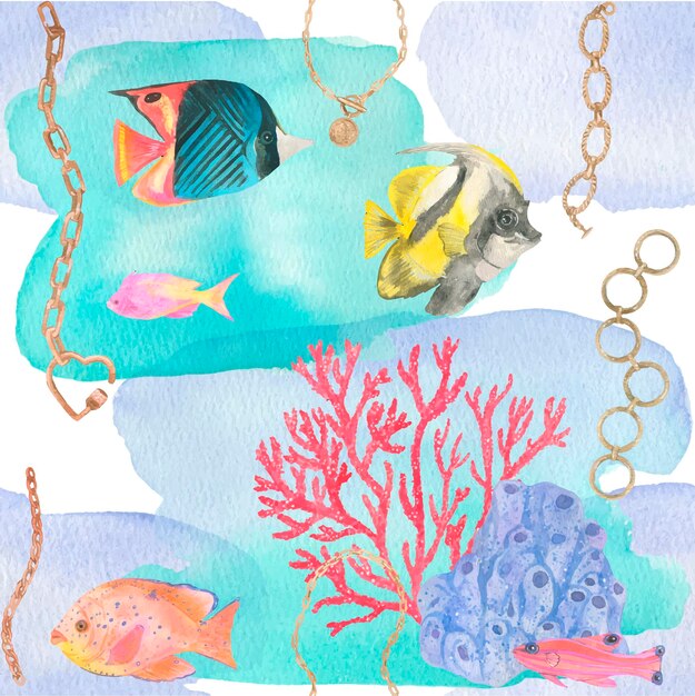 Watercolor aquarium seamless patterns Under sea animals Aquarelle art