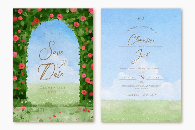 ベクトル 水彩アーチ道赤いバラの花の庭の風景の結婚式の招待状セット