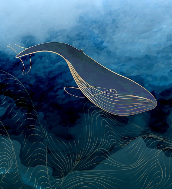 Акварельный художественный фон с синим китом в волнах в стиле золотой линии векторный плакат с текстурами чернил для дизайна обоев в социальных сетях баннер печать текстиля