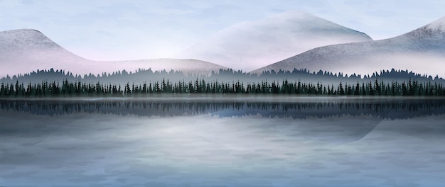 霧の中の湖の山と森の水彩画アートの背景壁紙のインテリアの印刷のための風景バナー