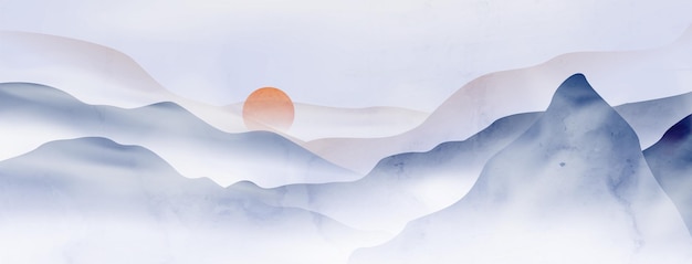 Акварельный художественный фон с горами и холмами в тумане в восточном стиле пейзажный баннер в голубых тонах для печати обоев для дизайна интерьера