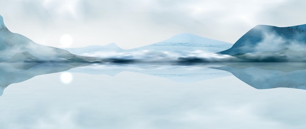 Vettore sfondo di arte dell'acquerello con montagne e colline nella nebbia nei toni del blu sul lago in inverno con il sole banner orizzontale per la decorazione d'interni stampa arredamento