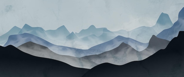 Watercolor art background with mountains and hills in the fog in blue tones