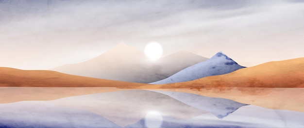 Vector watercolor art background with mountains and hills on the lake with the sun landscape banner in earth tones ink for home interior design print wallpaper