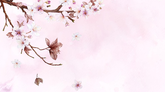 汚れの背景に桜の枝とピンクの桜の花の水彩画