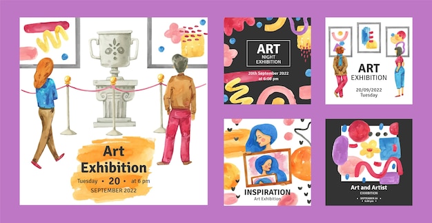 Vector watercolor art exhibition event instagram posts collection