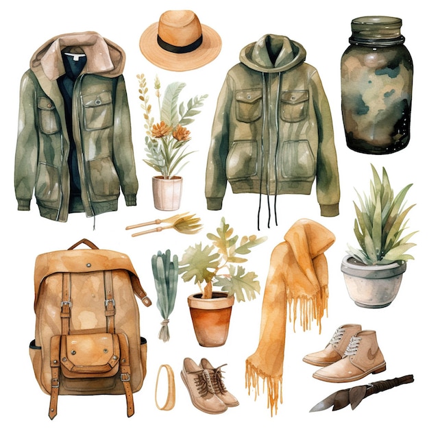 watercolor art of items associated clothes for camping