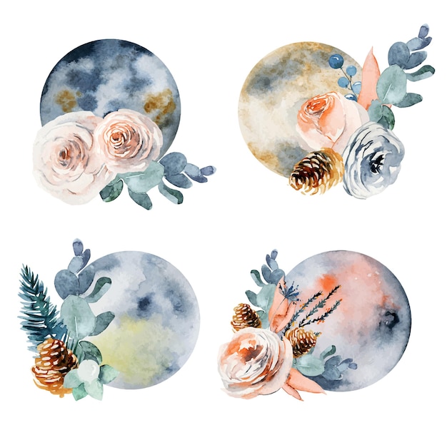 Watercolor artistic vintage floral moon collection