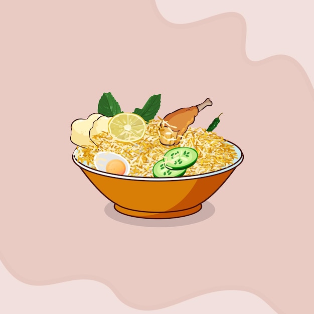 Modello dell'illustrazione di biryani del pollo variopinto delizioso dell'alimento asiatico dell'acquerello, vettore premium.