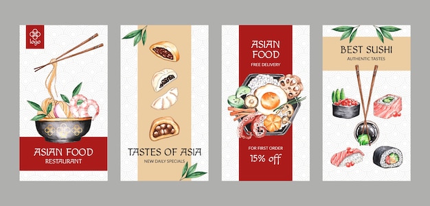 Vector watercolor asian food instagram stories