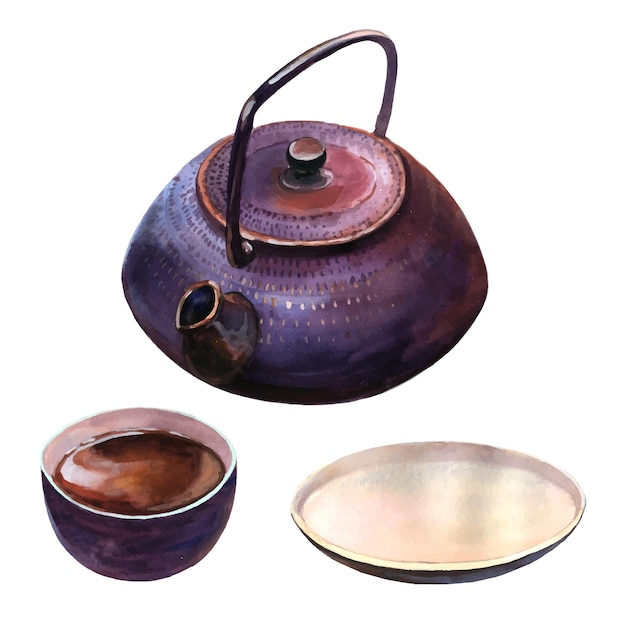 Watercolor asian tea set with dack purple teapot, blue cup of tea and saucer.