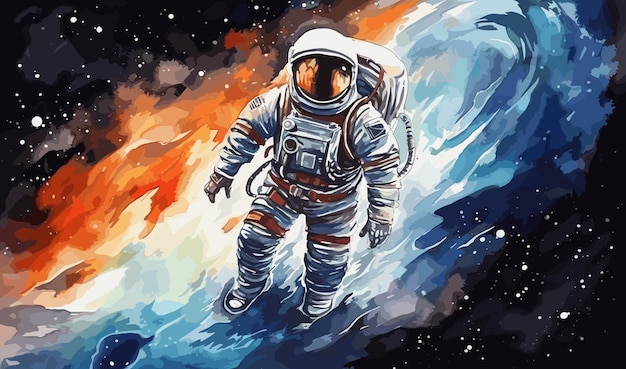 Watercolor astronaut flight in space gravity picturesque card poster