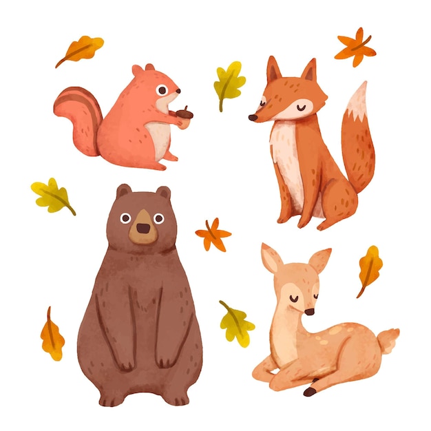 Watercolor autumn animals collection