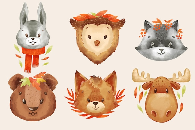 Watercolor autumn animals collection