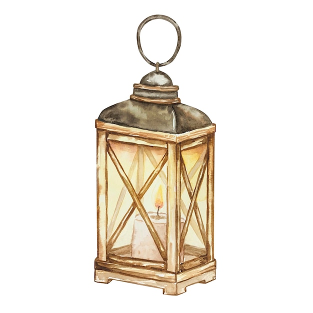 Watercolor autumn beige lantern with burning candle