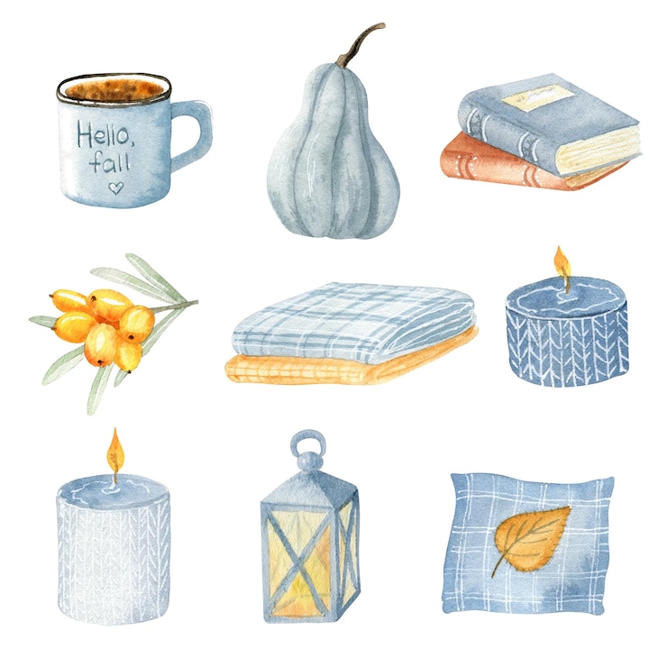 Vector watercolor autumn blue set elements hand painted