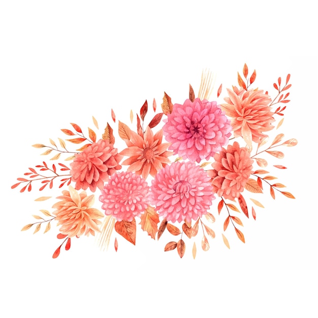 Вектор Акварельные осенние букеты в стиле бохо с бежевыми и оранжевыми цветами и листьями