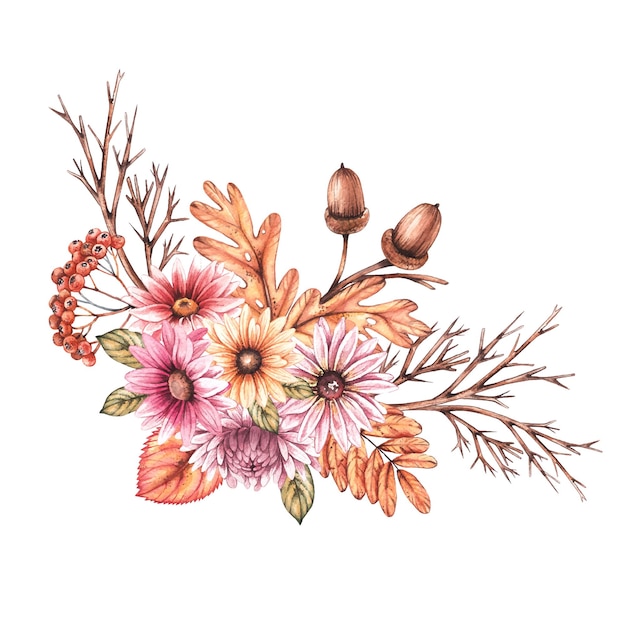 Watercolor autumn bouquet with flowers and dry leaves on a white background