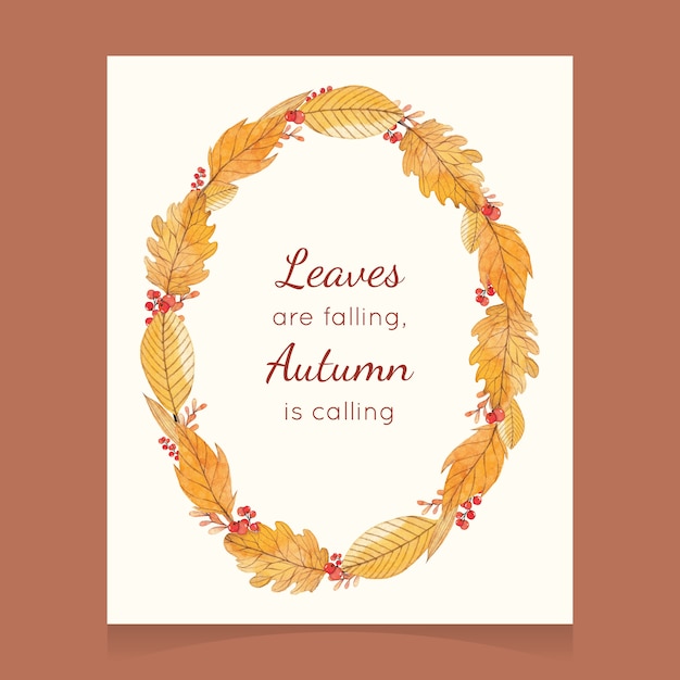 Watercolor autumn card with a wreath