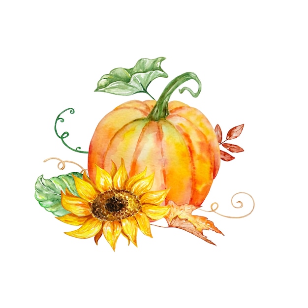 Watercolor autumn composition with bright orange pumpkin with yellow sunflower and green and autumn leaves