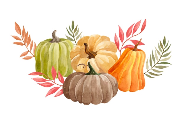 Watercolor autumn composition with colorful pumpkins and dry leaves