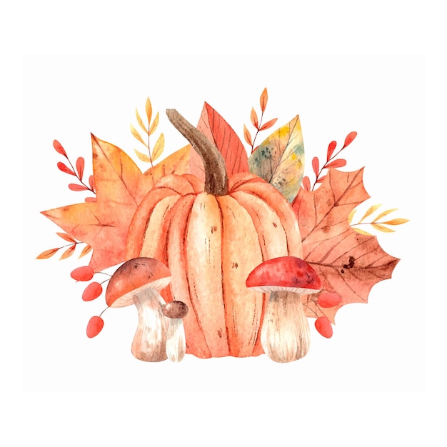 Watercolor autumn composition with mushroom pumpkins and autumn leaves