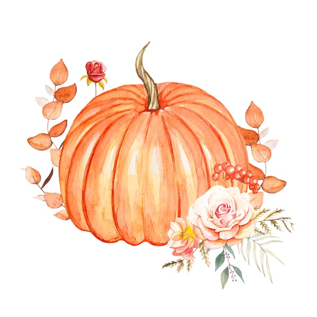 Watercolor autumn composition with pumpkin flowers autumn leaves