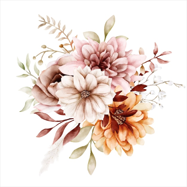 Watercolor autumn flower and leaves bouquet collection