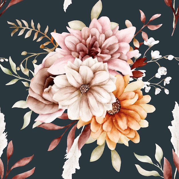 Watercolor autumn flower and leaves seamless pattern