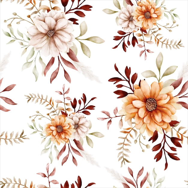 Watercolor autumn flower and leaves seamless pattern