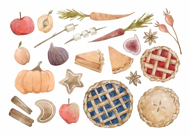 Vector watercolor autumn food. vegetables, pies, pumpkins.