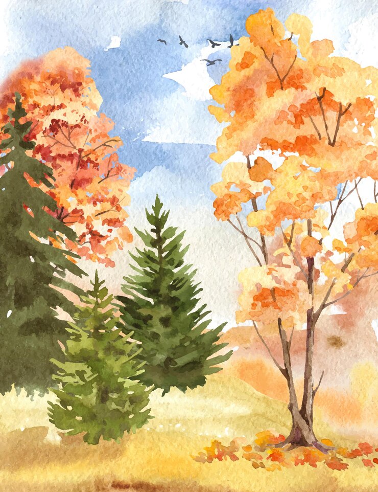 वेक्टर watercolor autumn forest landscape