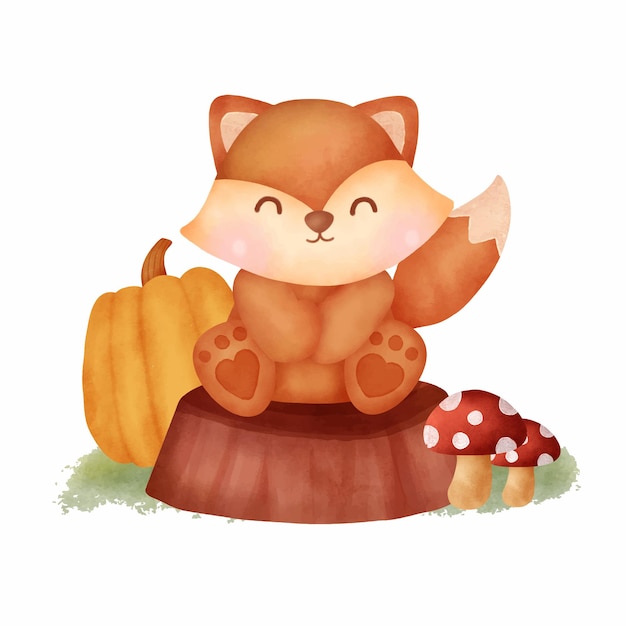 Watercolor autumn fox and pumpkin